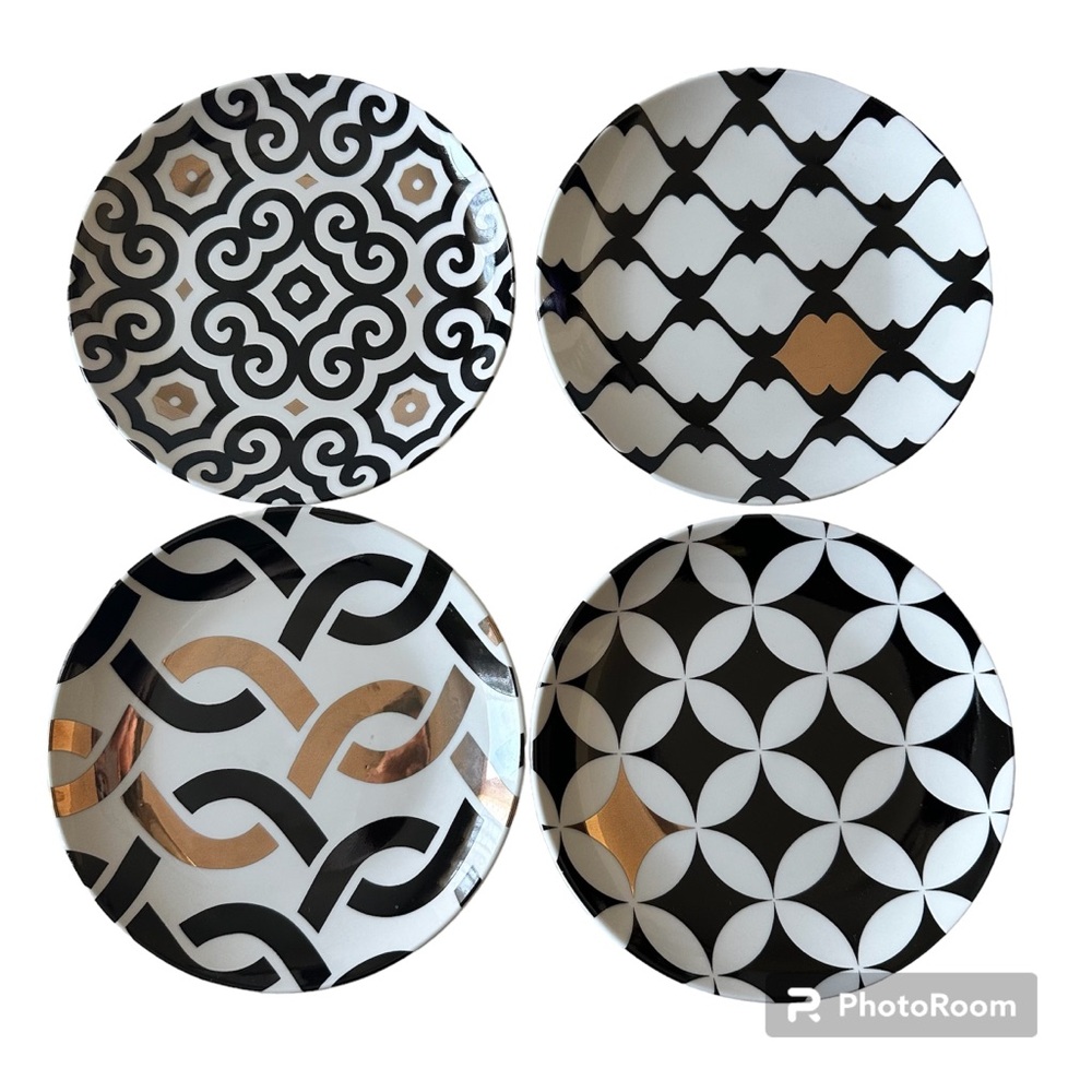 Dessert Plates Black, White, & Gold Designs - Set Of 4